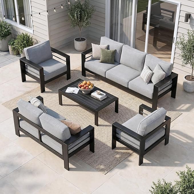 Solaste Aluminum Patio Furniture Set for All Weather, Oversized Metal Outdoor Furniture Set with 27.5" Deep Seating and 3.2" Wide Armrest, Patio Conversation Set with 10’’ Back Cushion, Black and Grey