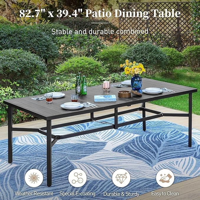 9 Pieces Patio Dining Set, 8 x Woven Rattan Chairs with Waterproof Cushion, 83" Rectangular Metal Dining Table with Umbrella Hole, Outdoor Table and Chairs Set for Backyard Lawn and Deck, Beige