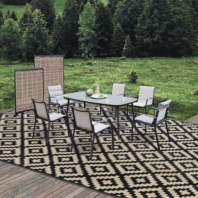 SAND MINE Waterproof Outdoor Rug 10x20 ft, Plastic Reversible Rug, Modern Area Rug, Large Floor Mat for Outdoors, RV, Patio, Backyard, Deck, Picnic, Beach, Camping, Black & Beige