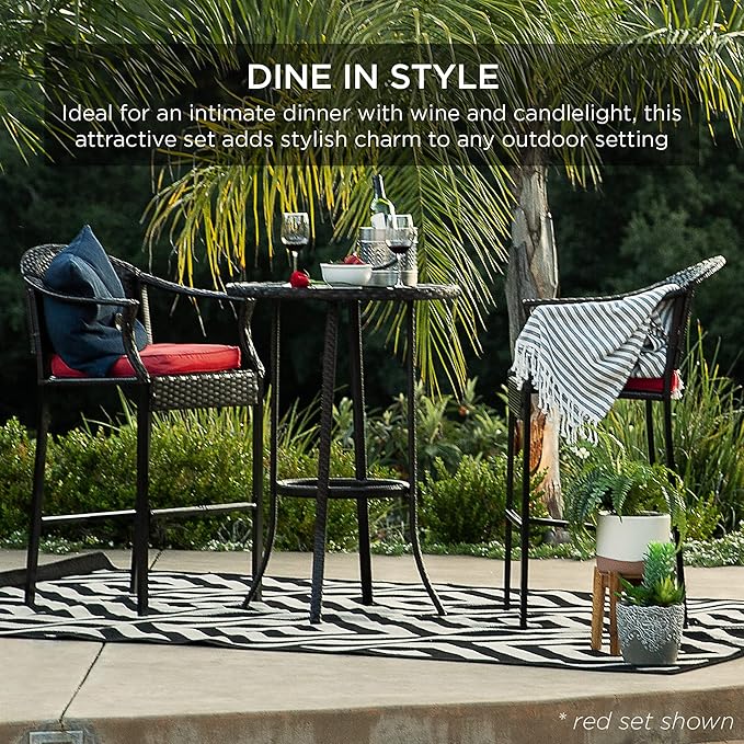 Best Choice Products 3-Piece Patio Bar Table Set, Outdoor Wicker Bar Height Bistro Furniture for Backyard, Poolside, Balcony w/Barstools, Cushions, Steel Frame – Gray/Blue