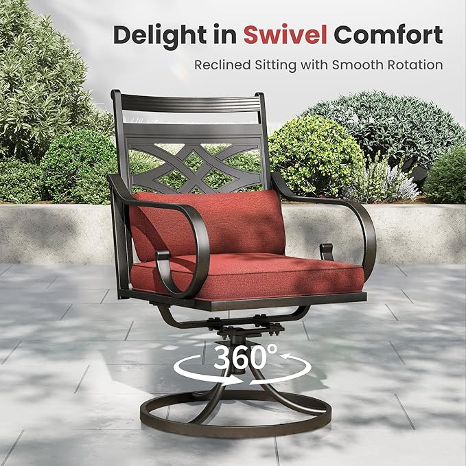 PHI VILLA 5 Pieces Outdoor Dining Set for 4, 37" Square Metal Table with Umbrella Hole & Wrought Iron Swivel Chairs, All Weather Outside Furniture with Red Cushions & Pillows for Patio, Deck, Porch