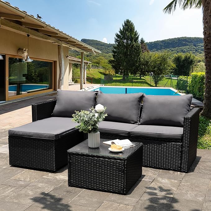 Shintenchi Outdoor Patio Furniture Sets, Small Outdoor Sofa Patio Sectional Sets 3-Piece All Weather Wicker Rattan Patio Seating Sofas with Glass Coffee Table and Cushion (Gray)