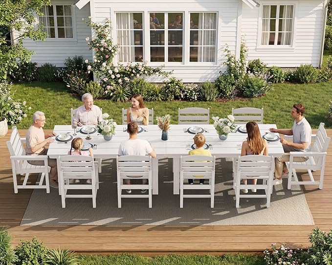 SERWALL Patio Dining Sets for 10 Person, HDPE Dining Set with 2 Tables, 8 Armless Chairs and 2 Armed Dining Chairs, White