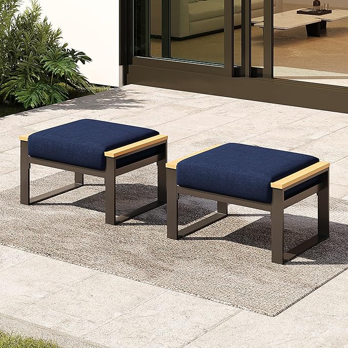 Sundale Outdoor 2 Pieces Aluminum Patio Ottoman, Outdoor Footstool with Sandwich Foam Cushions, Olefin Fabric, Small Metal Outdoor Chairs for Deck, Backyard, Porch (Blue)