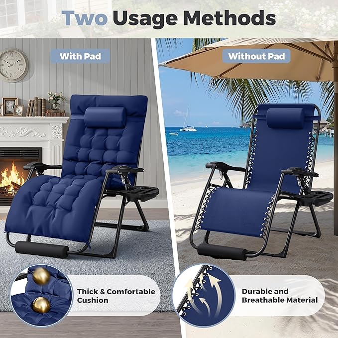 Homall Oversized Zero Gravity Chair, 32In Recliner Lounge Chair with Removable Soft Cushion and Cup Holder, Adjustable Anti Gravity Chair Folding Patio Chairs Padded for Indoor and Outdoor, Blue