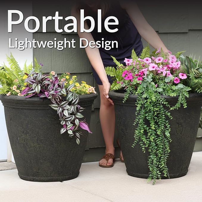 Sunnydaze 24-Inch Anjelica Large Plastic Pot for Plants - Outdoor Double-Walled Large Plastic Planter with Drillable Drainage Holes - Sable - 2pk