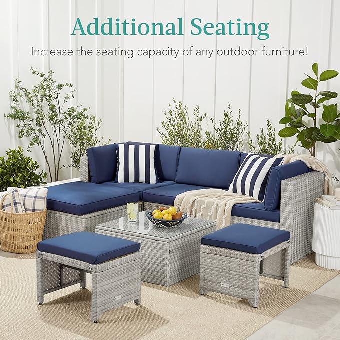 Best Choice Products Set of 2 Wicker Ottomans, Multipurpose Outdoor Furniture for Patio, Backyard, Additional Seating, Footrest, Side Table w/Removable Cushions, Steel Frame - Ivory/Natural