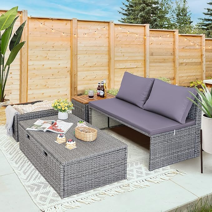 Devoko Patio Day Bed with 2 Side Tables Outdoor Daybed Set MultifunctionalRattan Lounge Bed for Backyard Porch Poolside Lawn Beach (Gray)