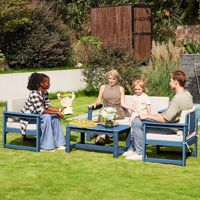 SERWALL 2 Pieces Single Cushioned Lounge Chair, Blue HDPE Outdoor Adirondack Sofa Armchair with Khaki Cushion