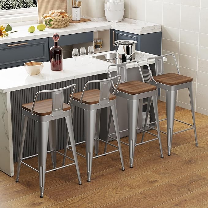 WENTMENT Bar Stools Set of 4 Counter Height Stools with Removable Back 26" Kitchen Bar Stools with Wooden Seat, Silver