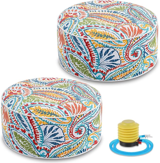 Juexica 2 Pack Outdoor/Indoor Inflatable Ottoman 21 x 9 Inch Paisley All Weather Round Footrest Stool with Handle Water Repellent Portable Footstool Pouf for Patio Garden Camping Home Deck Travel