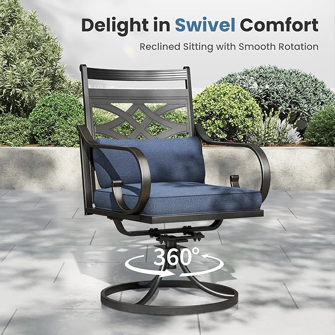 PHI VILLA 5 Pieces Outdoor Dining Set for 4, 42" Square Brown Metal Table with Umbrella Hole & Wrought Iron Swivel Chairs, Large Outside Furniture with Blue Cushions & Pillows for Patio, Deck, Porch
