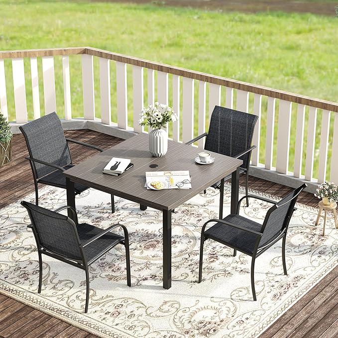 VICLLAX Outdoor Dining Set for 4, 5 Pieces Patio Dining Furniture Set with Umbrella Hole- 40.2" Patio Table and Chairs for Balcony, Garden and Deck, Grey Wood Grain Tabletop