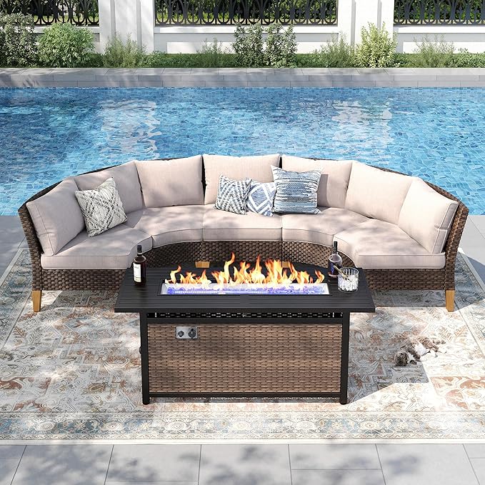 PHI VILLA Half Moon Patio Furniture Set with 56" Fire Pit Table, Outdoor Curved Wicker Sectional Sofa with Cushions and Ottomans, Beige
