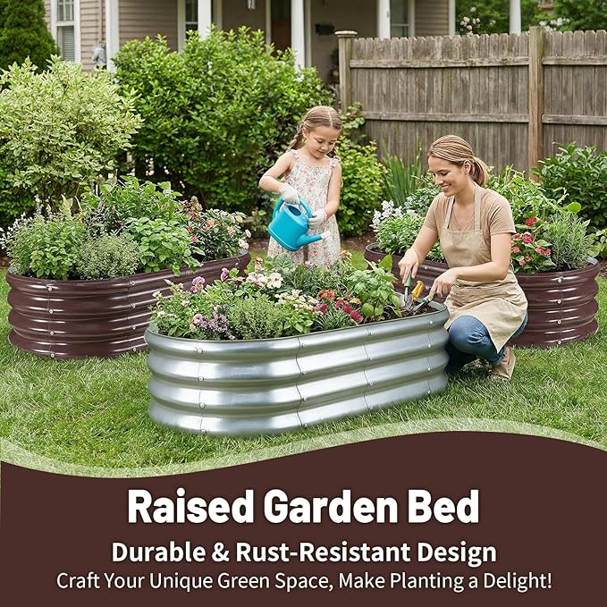 GOOZOO Galvanized Planter Raised Garden Bed, 4x2x1ft Raised Garden Bed Kit for Gardening Outdoor, Oval Metal Land Planter Box for Vegetables, Fruits, Flowers（Brown）