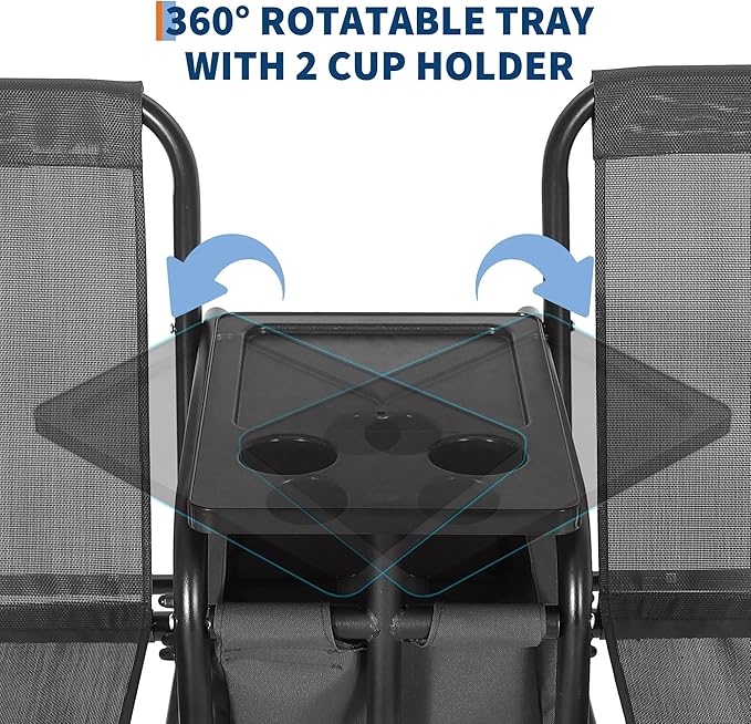 Porch Swing with Cup Holders & Pivot Storage Table & Cooler Bag with Adjustable Canopy for 2 Person Patio Swing for Backyard Balcony Poolside Black