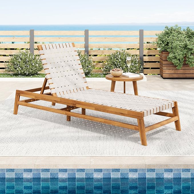 Christopher Knight Home Susua Rope Chaise Lounge with Acacia Wood Frame, Adjustable Backrest Single Lounge Sofa, Patio Sun Lounger Recliner Chair for Poolside Backyard, Teak + White