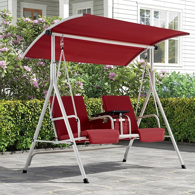 HOMREST 2 Seat Outdoor Porch Swing,Patio Swing with Adjustable Canopy,Heavy Duty 650 LBS Outdoor Swing with Pivot Storage Table & 2 Cup Holders & Cushions for Yard, Lawn, Backyard, (Burgundy)