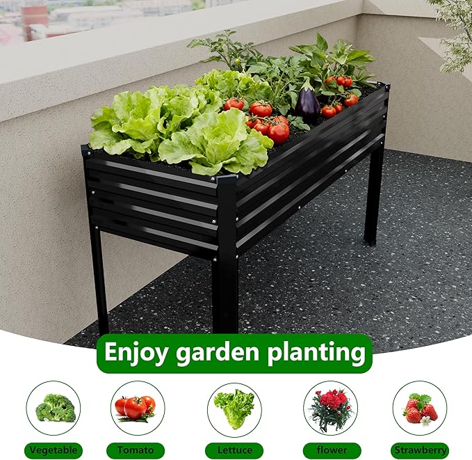 Vengarus Galvanized Raised Garden Bed Outdoor with Legs,48×18×30in Metal Elevated Raised Planter Box for Backyard, Patio, Balcony, 300lb Capacity,Black(2PCS)