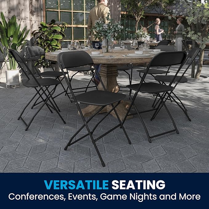 Flash Furniture Hercules Set of 10 Indoor/Outdoor Heavy-Duty Plastic Folding Chairs, Foldable Commercial Stacking Chairs with 650-lb. Static Weight Capacity, Black
