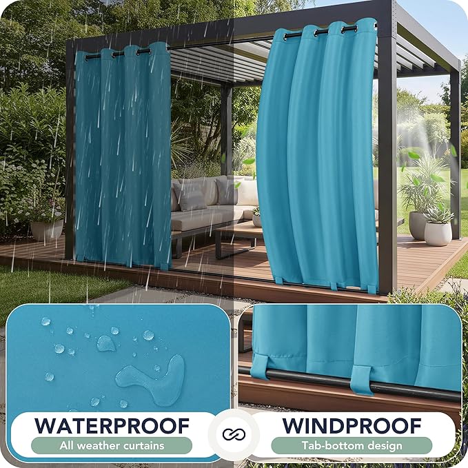 Outdoor Curtains for Patio Waterproof 6 Panels - Windproof, Privacy, Weatherproof Outside Drapes for Gazebo Pergola Porch, Grommet Top and Tab Bottom, 54x108 Inch, Teal
