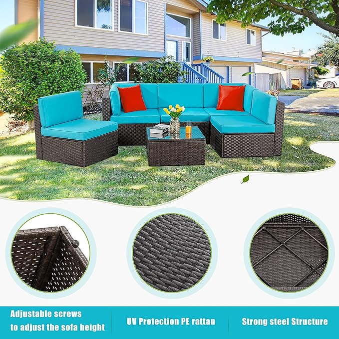 Vongrasig 6 Piece Small Patio Furniture Sets, Outdoor Sectional Sofa All Weather PE Wicker Patio Sofa Couch Garden Backyard Conversation Set with Glass Table,Blue Cushions and Red Pillows (Blue)