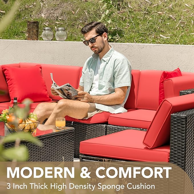 Devoko Patio Furniture Sets 6 Pieces Outdoor Sectional Rattan Sofa Manual Weaving Wicker Patio Conversation Set with Glass Table and Cushion (Red)