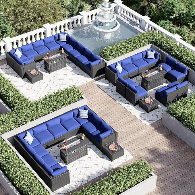 Aoxun 15 Piece Patio Furniture Set with 44” Fire Pit Table, Wicker Rattan Patio Sectional Sofa, Outdoor Furniture Set with Thickened Cushion, Blue