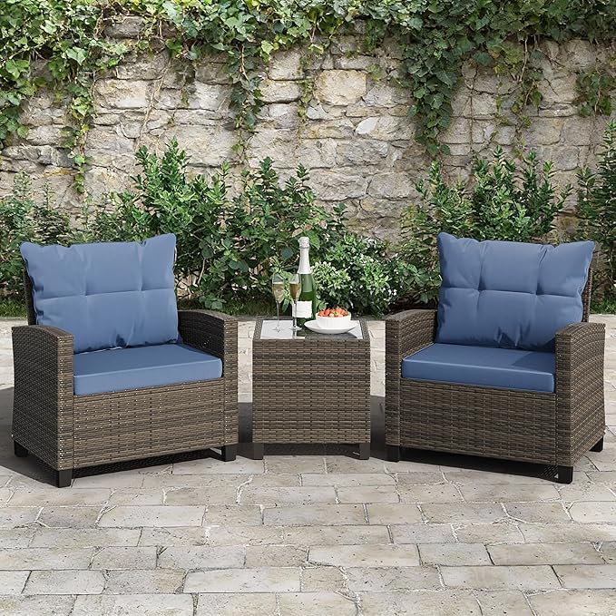 Shintenchi 3 Pieces Patio Furniture Set 3 Pieces PE Rattan Wicker Chairs with Table Outdoor Furniture for Backyard/Garden/Poolside/Outdoor Restaurant Gary Rattan with Blue Cushion