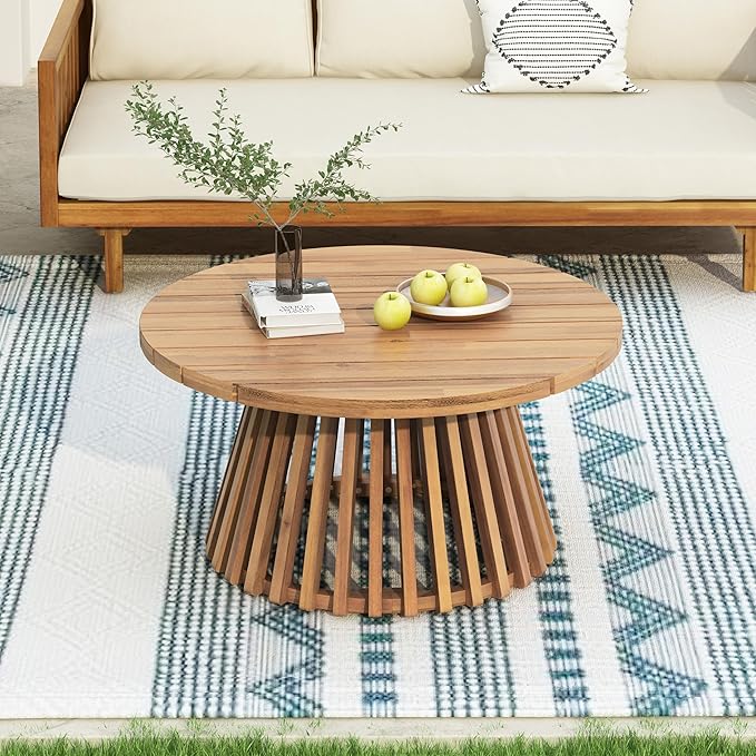 Merax Patio Outdoor Acacia Wood Round Coffee Table for Backyard, Lawn, Balcony Light Teak