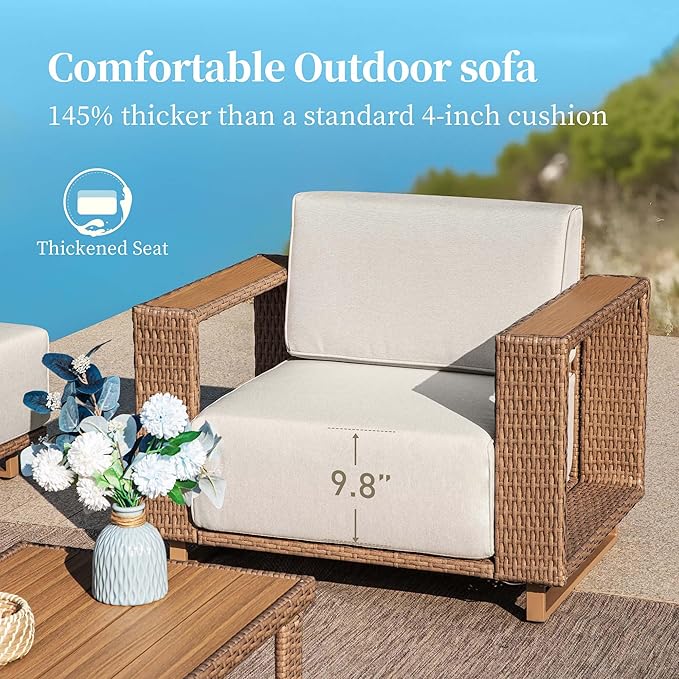 Sectional Outdoor Patio Furniture,Outdoor Rattan Wicker Sectional Sofa with 10''Ultra-Thick Cushions,All Weather Patio Conversation Set for Lawn Garden Backyard,Beige