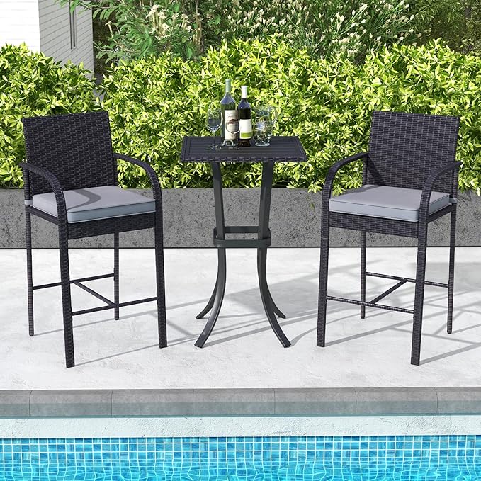 Tangkula 3 Piece Patio Wicker Bar Set, Outdoor Rattan Counter Height Cushioned Chairs & Square Table with Heavy-Duty Metal Frame, for Balcony, Backyard, Poolside