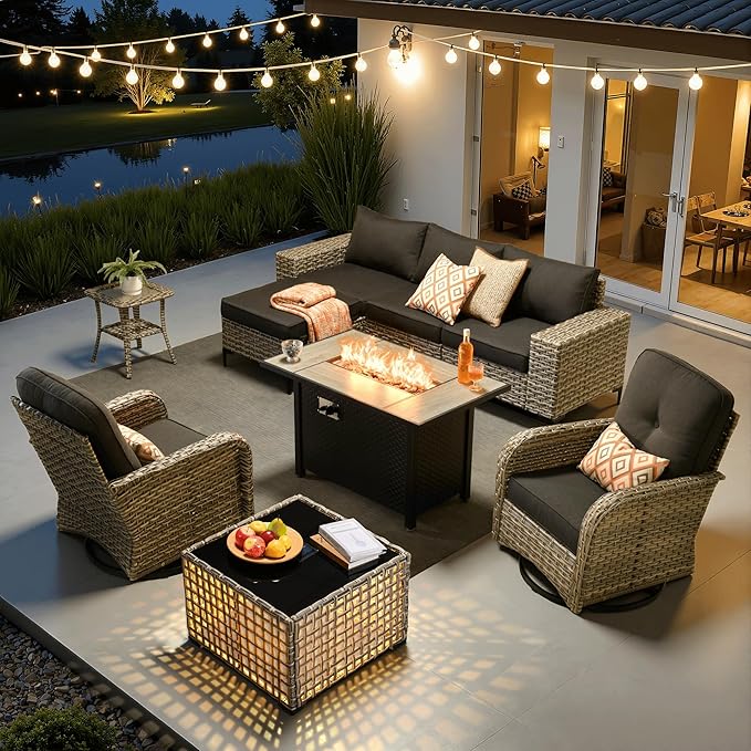 ovios 9-Piece Patio Furniture Set with L-Shape Sofa Chaise, Outdoor Sectional Couch Swivel Gliders Fire Pit Table Solar Table, Modern Modular Wicker Rattan Conversation Set, Black