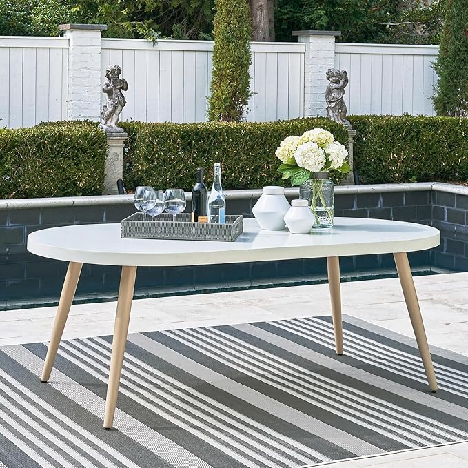 Signature Design by Ashley Seton Creek Casual Aluminum Outdoor Dining Table with Umbrella Hole and Cover Cap, White & Light Brown