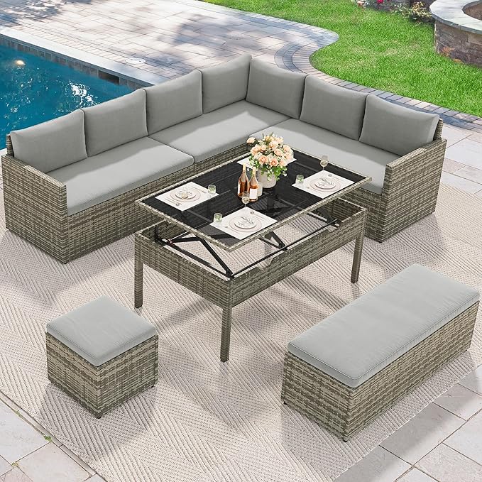 YITAHOME 9-Piece Patio Furniture Set, All-Weather Wicker Outdoor Sectional Sofa with Lift-Top Table & Ottoman, Patio Conversation Set for Deck, Backyard, Porch - Gray Gradient