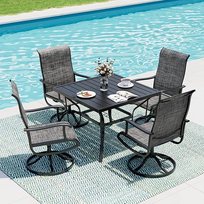 5-Piece Outdoor Dining Set, Patio Furniture Set with Textilene Swivel Chairs, Outdoor Table & 4 Chairs for Garden, Backyard, Poolside, Deck, Charcoal