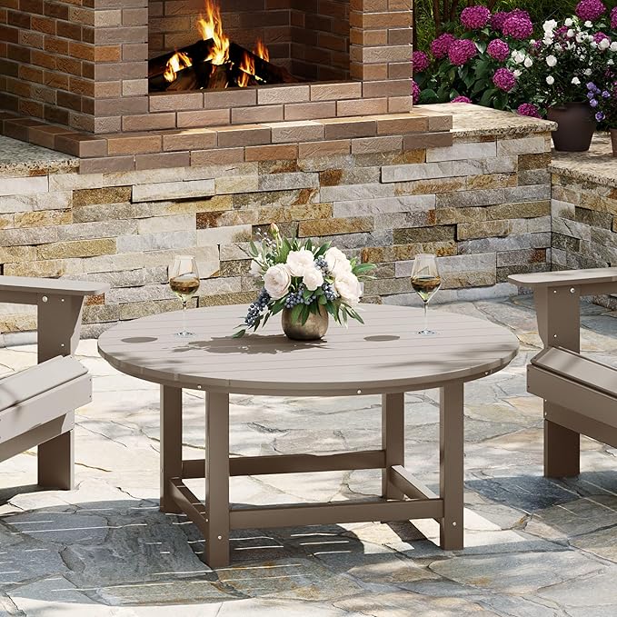 WestinTrends Malibu Low Outdoor HDPE Round Patio Coffee Table, Weathered Wood