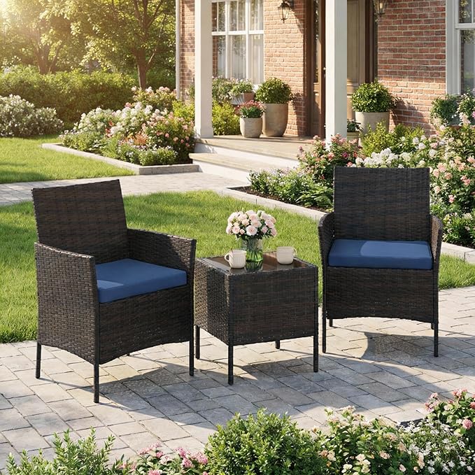 GAOMON 3-Piece Patio Furniture Set, Modern PE Rattan Conversation Set with 2 Chairs & Tempered Glass Coffee Table, All-Weather Outdoor Seating for Garden, Porch, Balcony, Poolside, Brown/Navy Blue