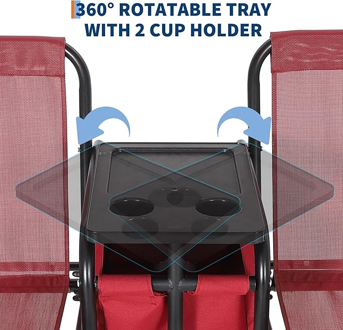 Porch Swing with Cup Holders & Pivot Storage Table & Cooler Bag with Adjustable Canopy for 2 Person Patio Swing for Backyard Balcony Poolside Red