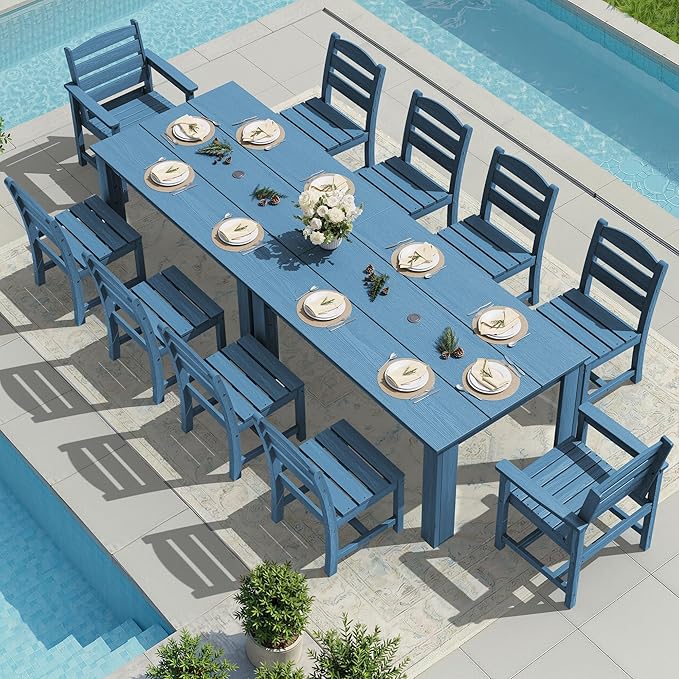SERWALL Outdoor Dining Sets for 10, HDPE Dining Sets for 10 Person with 2 Rectangular Tables and 8 Armless Chairs and 2 Armchairs, Patio Dining Sets for Garden, Backyard, Poolside, Blue