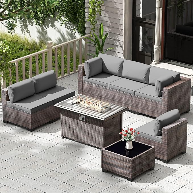 Kullavik 8 Pieces Outdoor Patio Furniture Set,Sectional Sofa Set with 43" 55000 BTU Gas Propane Fire Pit Table,Brown PE Rattan Wicker Patio Conversation Set,Grey