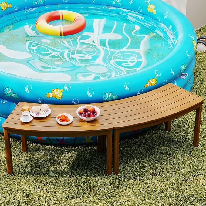 Tangkula Acacia Wood Outdoor Curved Bench Set of 4, Patio Garden Backless Fire Pit Bench with 1600 lbs Weight Capacity, Outside Seating Furniture for Front Porch, Deck & Backyard