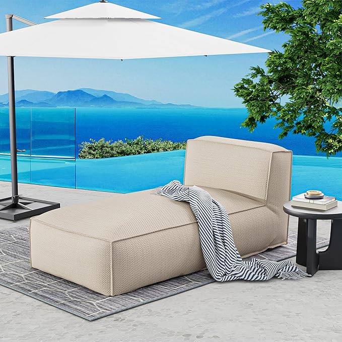 Outdoor Bean Bed Chair Sun Lounger, Outdoor Couch Sofa for Patio & Pool, Foam Filling Day Bed Furniture, Comfy Lazy Sofa for Outside, Water-Resistant Seating (Higher Back Light Beige, 70'' L)