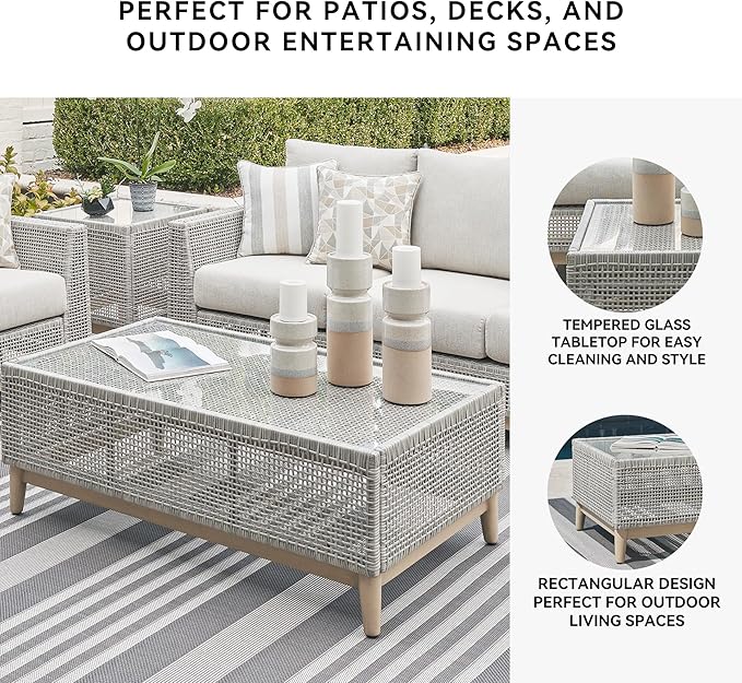 Signature Design by Ashley Seton Creek Casual Resin Wicker Outdoor Coffee Table with Tempered Glass Tabletop, Light Gray & Light Brown