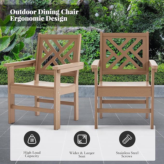 HDPE Outdoor Dining Set,5-Piece Outdoor Table and Chairs Include 4 Armchair Chairs and 35.5" Square Patio Dining Table with Umbrella Hole (Brown)