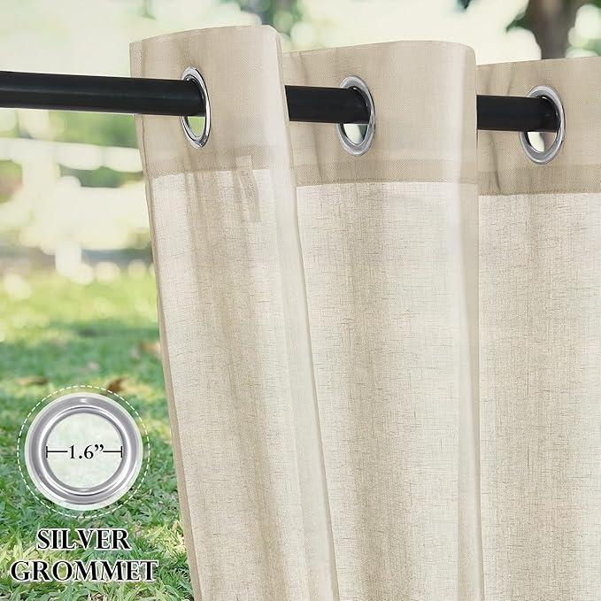 RYB HOME Outdoor Linen Curtains for Porch Waterproof Light & Airy Faux Linen Textured Drape for Balcony Backyard Cabana, 52 Inch Wide by 96 Inch Length, Beige, 2 Pieces