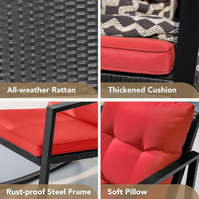 Devoko 3 Piece Rocking Bistro Set Wicker Patio Outdoor Furniture Porch Chairs Conversation Sets with Glass Coffee Table (Red)