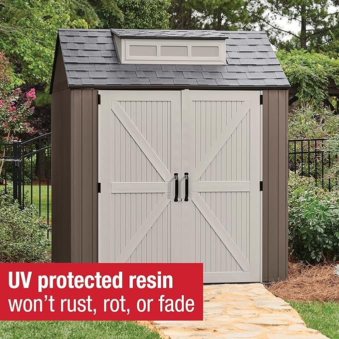 Rubbermaid Large Resin Outdoor Storage Shed With Floor (7 x 7 Ft.), Weather Resistant, Brown, Organization for Home/Lawn Mower/Backyard Equipment/Bike Storage/Pool Supplies