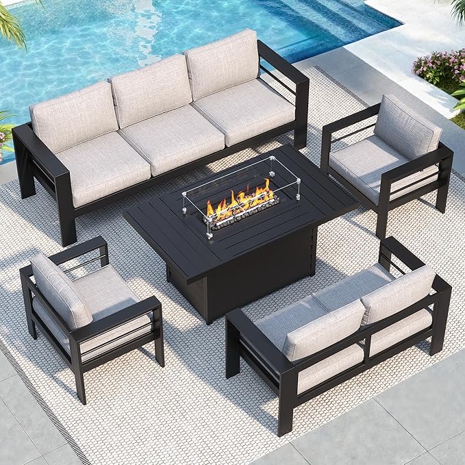 Solaste Aluminum Patio Furniture Set with 55 inch Fire Pit Table, 5 Piece Metal Outdoor Furniture with Water-Resistant Cushion, Modern Patio Conversation Set for Balcony, Front Porch, Backyard, Black