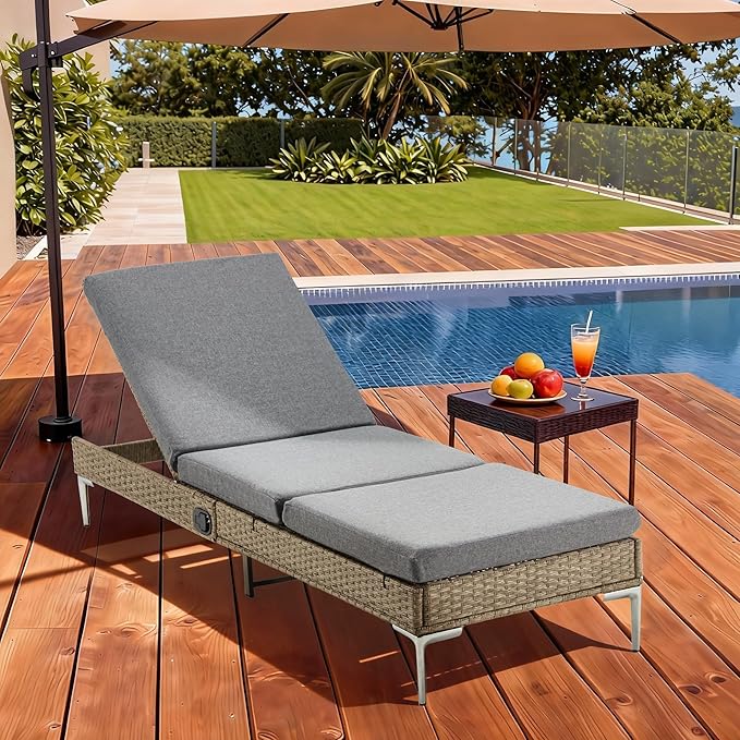 HOMREST Outdoor Chaise Lounge Chair Set of 6, Patio Wicker Lounge Chairs with Adjustable Backrest, Rattan Pool Sunbathing Chaiser with Removable Cushion (Grey)
